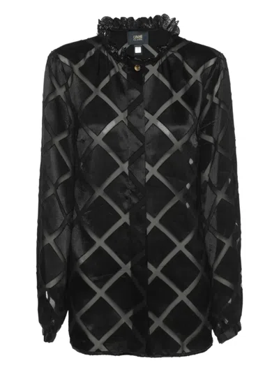 Pre-owned Cavalli Class Diamond Pattern Ruffle Blouse In Black