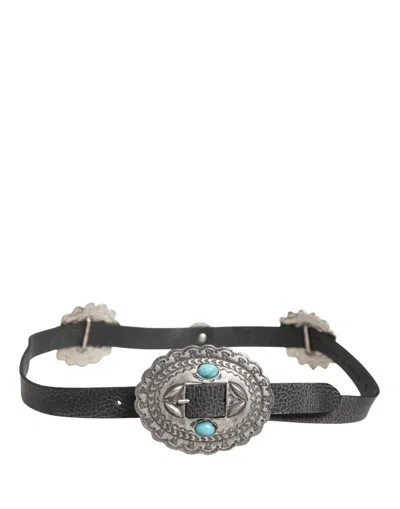 Cavalli Class Black Turquoise Leather Embellished Oval Buckle Belt