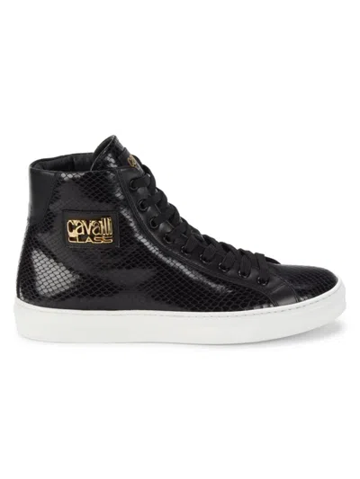 Cavalli Class By Roberto Cavalli Men's Snakeskin Embossed Leather High Top Sneakers In Black