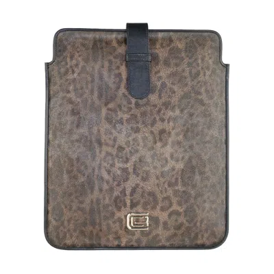 Cavalli Class Chic Calfskin Tablet Case With Leopard Men's Accent In Black