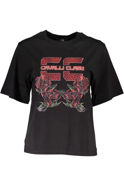 Cavalli Class Chic Black Printed Cotton Tee With Logo Detail