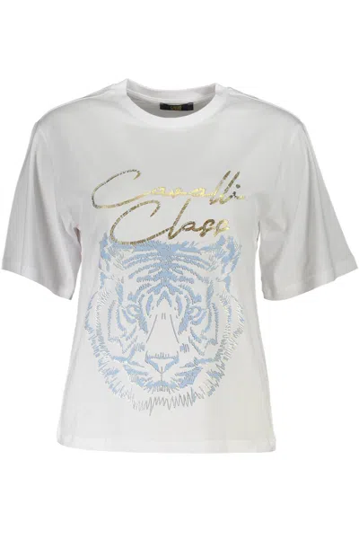 Cavalli Class Chic White Printed Tee With Timeless Elegance