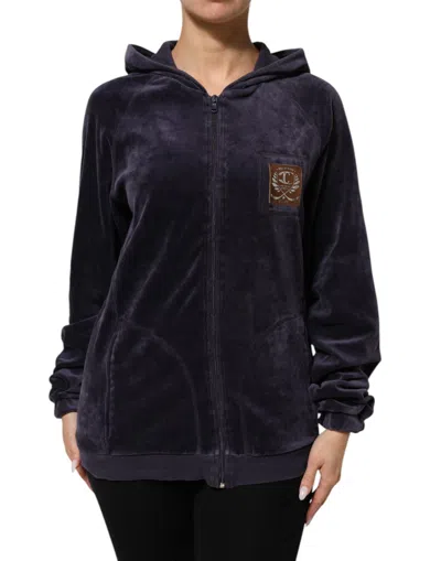 Pre-owned Cavalli Class Cotton Blend Velvet Zip-up Hoodie Sweatshirt Women's Sweater () In Purple