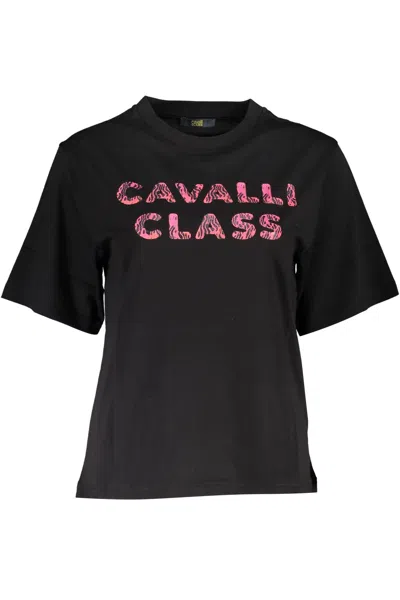 Cavalli Class Elegant Black Cotton Tee With Signature Print