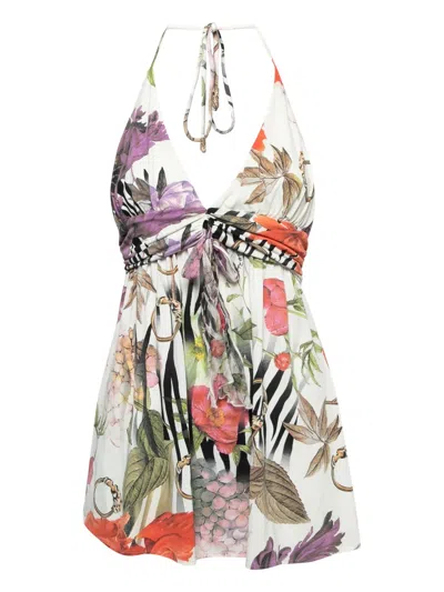 Pre-owned Cavalli Class Floral Zebra Halter Top In White