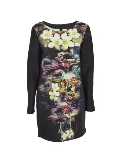 Pre-owned Cavalli Class Floral-print Shift Mini Dress In Black