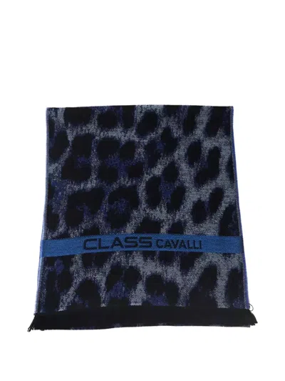 Cavalli Class Leopard-print Logo-band Scarf In Blue