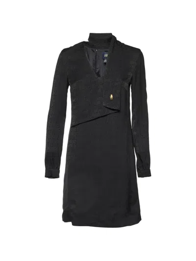 Pre-owned Cavalli Class Logo-pattern Long-sleeve V-neck Dress In Black
