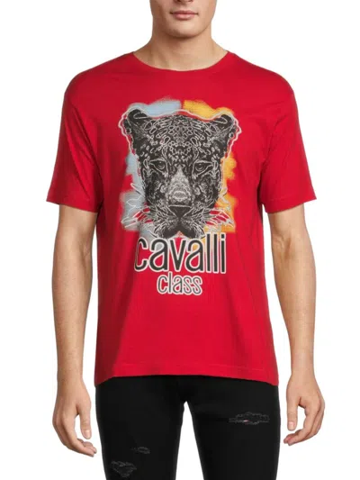 Cavalli Class Men's Leopard Crewneck Graphic Tee In Red