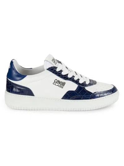Cavalli Class Men's Logo Leather Low Top Sneakers In White Blue