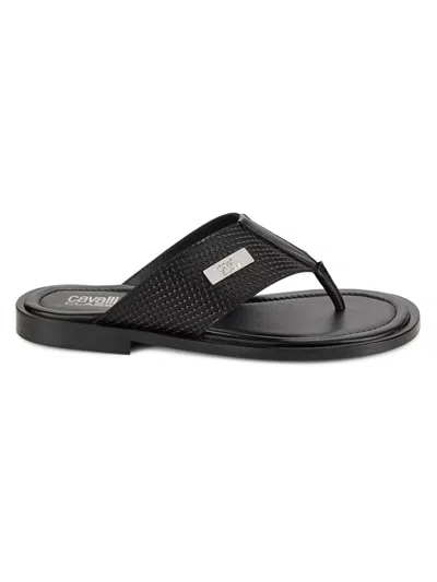 Cavalli Class Men's Logo Leather Thong Sandals In Black