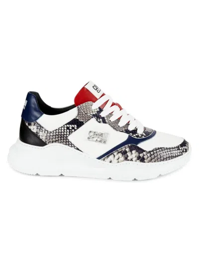 Cavalli Class Men's Python-embossed Chunky Trainers In Grey White Navy