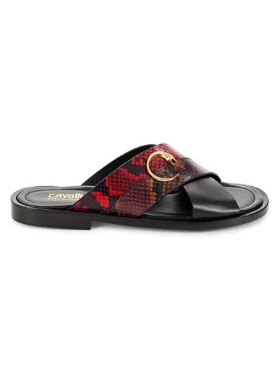 Cavalli Class Men's Python Embossed Leather Crossover Sandals In Red Black