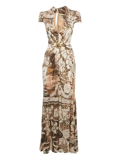 Pre-owned Cavalli Class Pleated Snakeskin Maxi Dress In Neutral