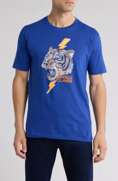 Cavalli Class Stretch Cotton Graphic T-shirt In Blue