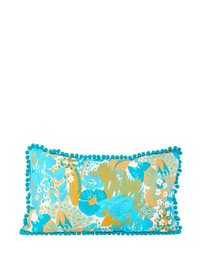 Pre-owned Cavalli E Nastri Vintage Floral-print Pom-pom Cushion In Blue