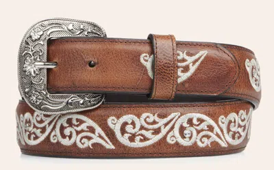 Cavenders Cavender's Chestnut Brown With Swirl Embroidery Leather Belt