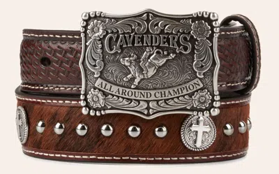 Cavenders Cavender's Kid's Leather Hair On Hide Basketweave Overlay Silver Cross Champion Buckle On Western Be In Brown