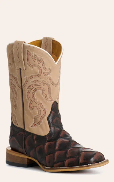 Cavenders Cavender's Kid's Tobacco & Tan Pirarucu Print Wide Square Toe Cowboy Boots In Brown