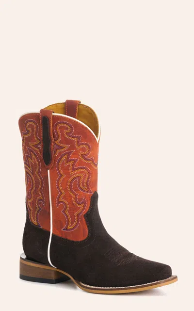 Cavenders Cavender's Kids' Orange & Chocolate Roughout Suede Punchy Toe Cowboy Boots In Brown