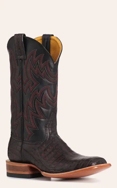 Cavenders Cavender's Men's Black Cherry Caiman & Black Cherry Leather Wide Square Toe Cowboy Boots In Burgundy