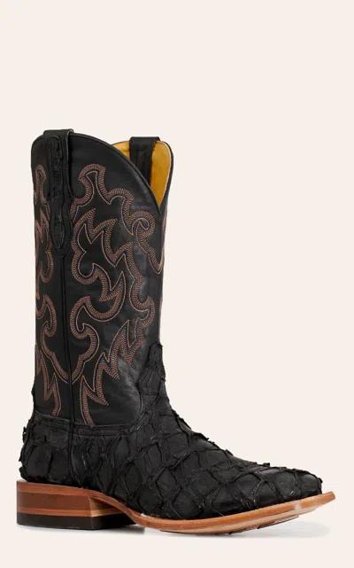 Cavenders Cavender's Men's Black Pirarucu & Cowhide Wide Square Toe Exotic Cowboy Boots