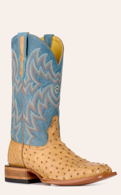 Cavenders Cavender's Men's Blue And Saddle Full Quill Ostrich Wide Square Toe Exotic Cowboy Boots In Multi