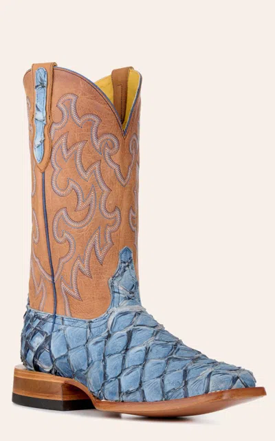Cavenders Cavender's Men's Blue Pirarucu And Brass Wide Square Toe Exotic Cowboy Boots