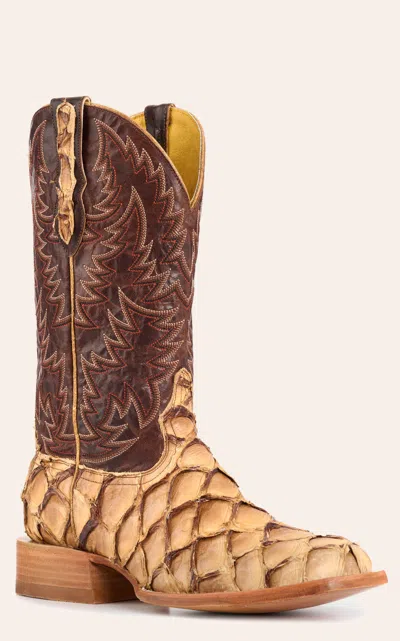 Cavenders Cavender's Men's Brass And Caramel Pirarucu Wide Square Toe Exotic Cowboy Boots In Brown