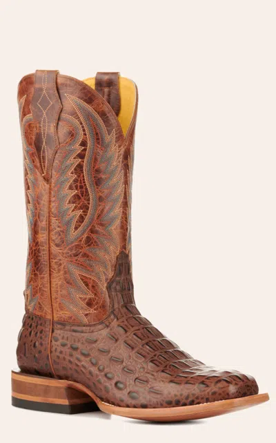 Cavenders Cavender's Men's Brass And Chocolate Caiman Print Wide Square Toe Cowboy Boots In Multi