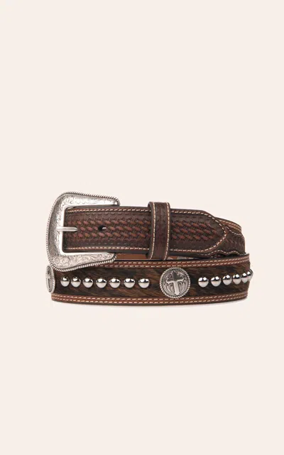 Cavenders Cavender's Men's Brown Cowhide And Basketweave With Cross Conchos Western Belt