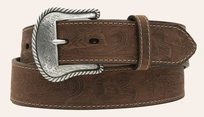 Cavenders Cavender's Men's Brown Tooled Leather With Etched Silver Buckle Western Belt