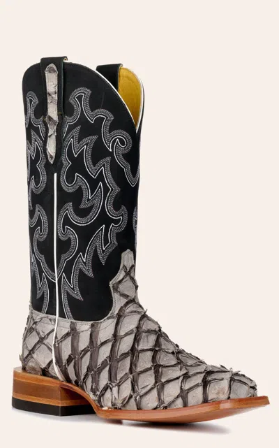Cavenders Cavender's Men's Charcoal Gray Pirarucu And Black Wide Square Toe Exotic Cowboy Boots
