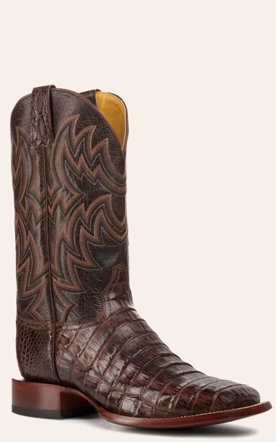 Cavenders Cavender's Men's Chocolate And Cigar Caiman Tail Wide Square Toe Exotic Cowboy Boot In Multi