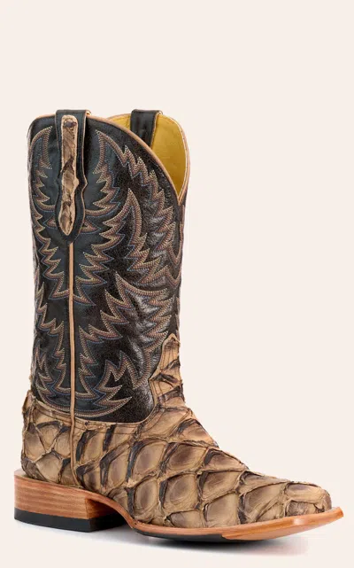 Cavenders Cavender's Men's Chocolate And Coffee Pirarucu And Leather Wide Square Toe Exotic Cowboy Boots In Brown