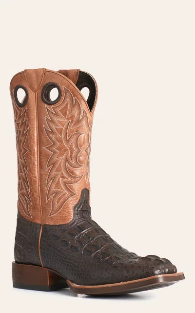 Cavenders Cavender's Men's Chocolate Hornback Caiman Print Wide Square Toe Cowboy Boots In Brown
