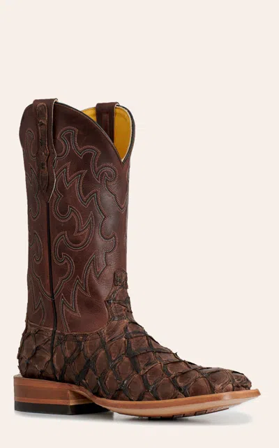 Cavenders Cavender's Men's Chocolate Pirarucu & Cowhide Wide Square Toe Exotic Cowboy Boots In Multi