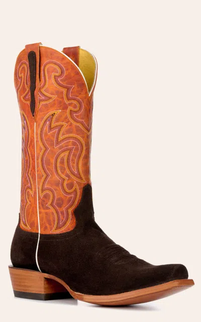 Cavenders Cavender's Men's Chocolate Roughout And Orange Punchy Square Toe Cowboy Boots In Brown