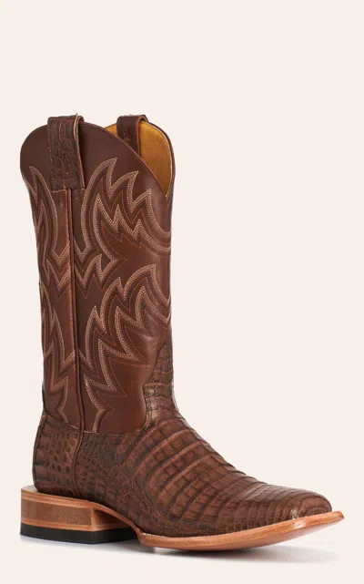 Cavenders Cavender's Men's Cognac Caiman & Tobacco Leather Wide Square Toe Cowboy Boots In Brown