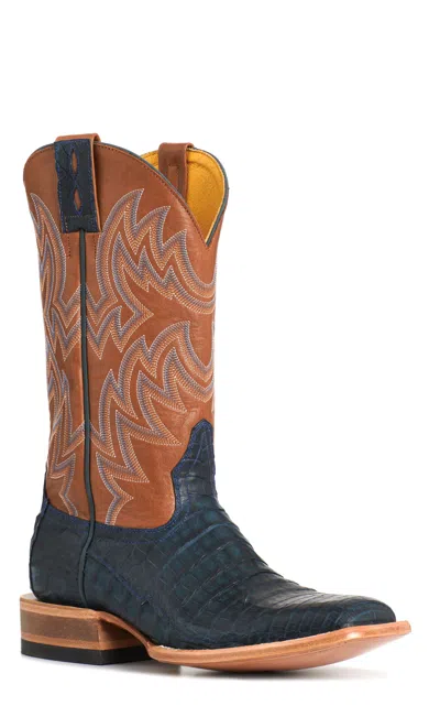 Cavenders Cavender's Men's Dark Blue Caiman & Whiskey Leather Wide Square Toe Cowboy Boots In Multi