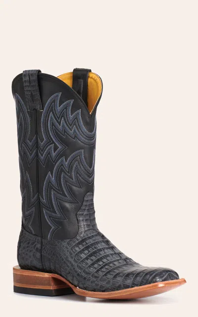 Cavenders Cavender's Men's Dark Gray Caiman & Black Leather Wide Square Toe Cowboy Boots