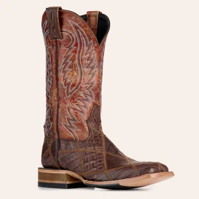 Cavenders Cavender's Men's Driscoll Cigar & Rust Caiman Patchwork Wide Square Toe Cowboy Boots In Brown