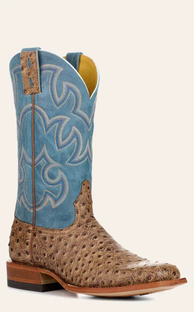 Cavenders Cavender's Men's Endurance Blue And Sand Ostrich Print Wide Square Toe Cowboy Boots In Multi