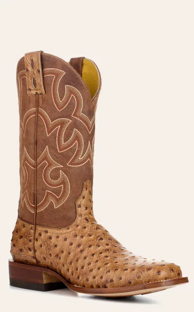 Cavenders Cavender's Men's Endurance Brown And Camel Ostrich Print Wide Square Toe Cowboy Boots In Multi
