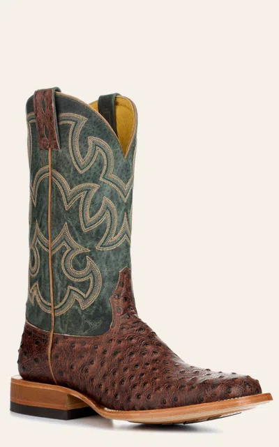 Cavenders Cavender's Men's Endurance Deep Green And Brown Ostrich Print Wide Square Toe Cowboy Boots In Multi