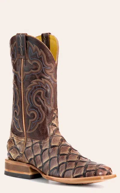 Cavenders Cavender's Men's Endurance Oak Pirarucu Print And Chocolate Wide Square Toe Cowboy Boots In Multi