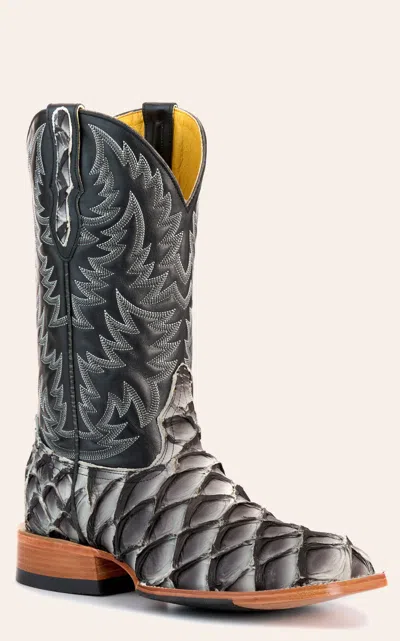 Cavenders Cavender's Men's Gray Pirarucu And Black Wide Square Toe Exotic Cowboy Boots