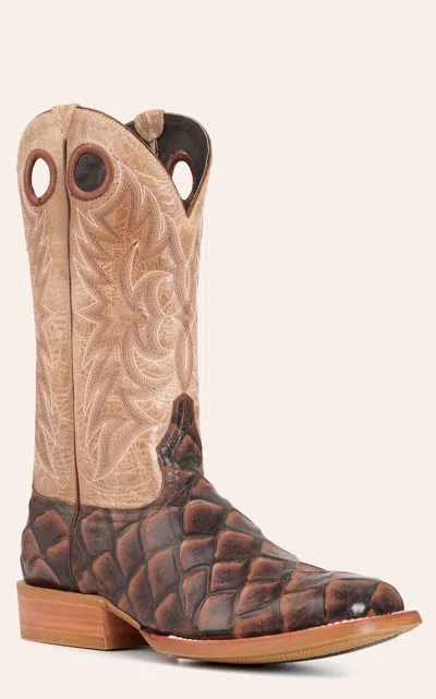 Cavenders Cavender's Men's Intrepid Bone And Brown Pirarucu Print Wide Square Toe Cowboy Boots In Multi
