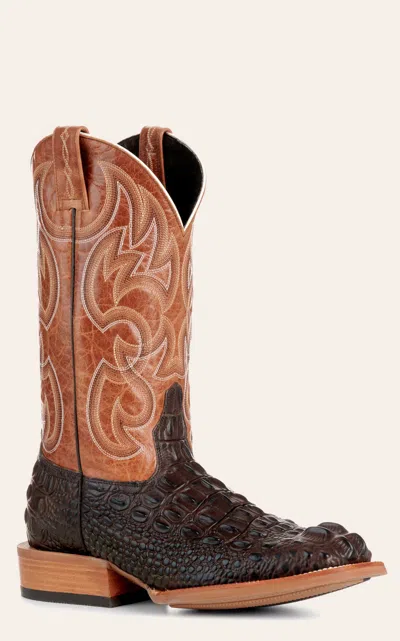 Cavenders Cavender's Men's Intrepid Chocolate Hornback Alligator Print And Gray Wide Square Toe Cowboy Boot In Brown