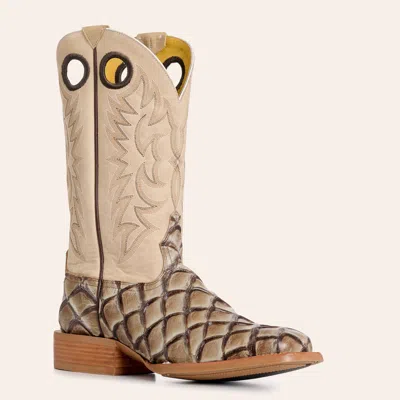 Cavenders Cavender's Men's Intrepid Glazed Taupe And Light Gray Pirarucu Print Wide Square Toe Cowboy Boots In Brown